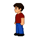 Young man in maroon t-shirt and blue trousers, standing in profile with determined gaze.