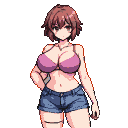 Young woman with auburn hair, pink halter top, and denim shorts.