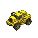 A bright yellow, rugged truck with large dark gray tires in isometric perspective.