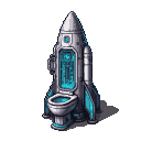 Futuristic rocket-shaped toilet with glowing cyan lights and a detailed control panel.