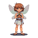 A cheerful pixie with translucent wings and a flower in her brown hair holds a small turtle.