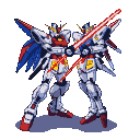 Two white and blue mechs with red and yellow accents clash, their glowing red beam sabers crossed.