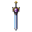A fantasy sword with a blue and white blade, a purple and pink skull hilt, and ornate golden guard elements.