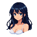 Young anime woman with dark blue hair and blue eyes, wearing a white bra, with a gentle, shy expression.