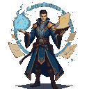 A male arcane strategist mage in a dark-blue enchanted coat with gold details and glowing runes, holding a floating grimoire surrounded by blue arcane energy.