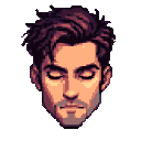 Pixel portrait of a man with eyes closed, peachy skin, stubble, and dark tousled hair.