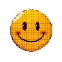 A yellow pixelated smiley face with black oval eyes and a wide smile, on a black background.
