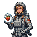 Astronaut in a textured suit holds a glass capsule with a levitating strawberry.