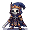 Skeletal king in a dark blue hooded cloak and golden crown, holding a silver-bladed sword with a gold hilt. He wears ornate blue and orange armor.