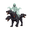 A translucent, spectral ghost hovers over a pixelated, three-headed Cerberus with glowing red eyes.