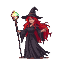A witch with flowing red hair holds a staff topped with a swirling, glowing orb of yellow, blue, and green light.