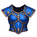 Regal blue torso armor with intricate gold filigree and cross motifs, gleaming with a battle-ready sheen.