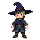 Young adventurer in a blue wizard's hat and tunic, with green hair, brown belt, and pouch.