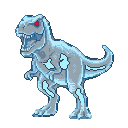 A translucent, spectral Tyrannosaurus Rex with glowing red eyes and a pale blue and grey body outlined by a faint aura.