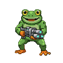 Anthropomorphic frog in a green suit, holding a triple-blaster.