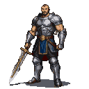 Tall, muscular knight in full, gleaming plate armor, holding a massive, ornate greatsword at his side.