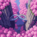 Futuristic Ruyi Bridge in an intensely pink, alien forest landscape between rocky cliffs.