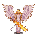 Celestial warrior angel with feathery wings holding a radiant firesword.