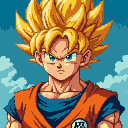 Super Saiyan Goku with spiky golden hair and focused blue eyes, standing against pixelated clouds.