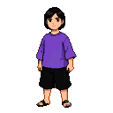 A young boy with black hair, wearing a purple shirt and black shorts, stands with a neutral expression.