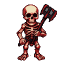 A skeletal figure with red and pale bone details, holding a black scythe with red accents.