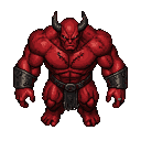 Muscular red demon with dark horns and metallic bracers, scowling in a menacing top-down pose.