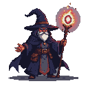 A dark mage with a pointed hat and flowing beard, holding a gnarled staff topped with a pulsating fiery orb containing a ruby.