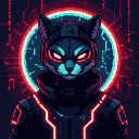 Futuristic cybernetic cat with glowing red eyes and neon red circuit lines, set against a dark, digital circuit background with a cyan and red halo.