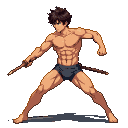 East Asian youth in a dynamic running pose, holding a wooden practice sword, with visible sweat and sculpted musculature.