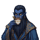 A blue djinn with golden eyes and a dark beard sips from a porcelain teacup, wearing ornate dark fantasy attire with gold trim.