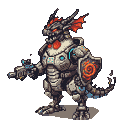 Warrior in a detailed exoskeleton and dragon helmet with glowing red eyes and orange frills, holding a futuristic weapon and a circular shield with a fiery spiral.
