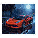 A red Ferrari drifts on a wet road under a full moon.