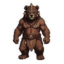 Humanoid bear shaman wearing a detailed tribal mask with red accents, bead necklace, ornate belt, and loincloth.