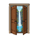 A grand, double wooden door is ajar, showing a majestic waterfall flowing into a turquoise pool surrounded by lush green foliage.