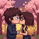 Chibi couple kissing in profile, hands clasped, with shaggy dark brown hair and white-framed glasses for the male, and long dark brown hair with blonde ombré tips and dark-framed glasses for the female. They are surrounded by pink cherry blossoms and warm bokeh lights.