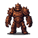 Colossal golem made of weathered copper or bronze, wearing segmented armor, spiked pauldrons, and a helmet with a blocky visor.
