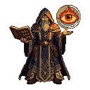 Archmage with a white beard, holding an ornate book and a glowing orb with a fiery eye.