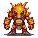 Menacing orange mutant with glowing eyes, sharp spikes, and armored plating, grinning with sharp teeth.