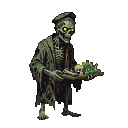 Skeletal figure in tattered dark green robes and cap, with glowing eye sockets, holding a tray with a miniature skull and withered green vegetation.