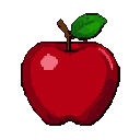 A red apple with a green leaf and brown stem on a black background.