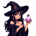 Young witch with dark hair and purple eyes, wearing a pointed hat and off-the-shoulder dress, holds a glowing pink vial.