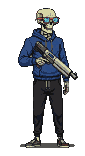Skeletal figure in a blue hoodie and dark sweatpants, wearing futuristic goggles with glowing red accents, holding a plasma pistol.