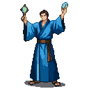 Young man in an ice and dark blue robe raises arms, holding a glowing green talisman and a shimmering blue crystal.