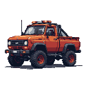 Fiery orange off-road pickup truck with oversized tires, lifted suspension, roll bar, and roof-mounted light bar, set against a black background.