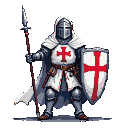 A Templar knight in white tunic with a red cross, wearing armor and chainmail, holds a lance and shield.