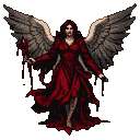 A dark angel with crimson robes and large gray and brown feathered wings holds a staff with a blood-red crystal tip.