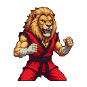 Anthropomorphic lion fighter in a red gi and black belt, snarling with bared teeth, fists wrapped in white bandages, in a combat stance.