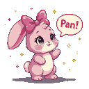 A pastel pink bunny with a bow on its ear waves and a speech bubble saying "Pan!". Scattered yellow and pink stars on a black background.