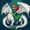 Red-haired elf in an emerald gown riding a white dragon with shimmering scales, with verdant foliage in the background.