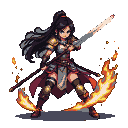 Anime warrior with dark hair gripping a glowing sword, surrounded by flames.